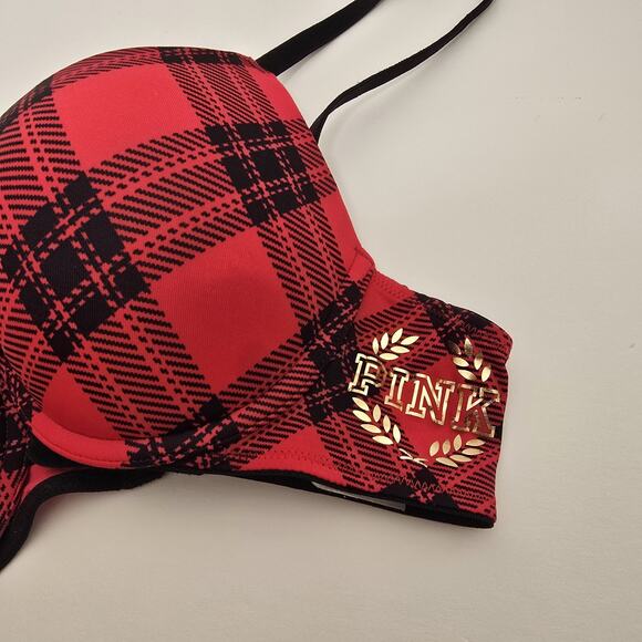 Victorias Secret Pink Bra Women 34C Where Everywhere Push Up Red Plaid Y2K - Picture 2 of 4